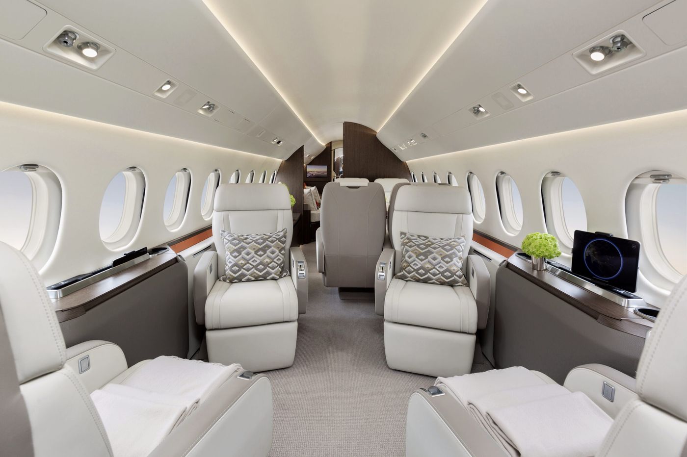 Cream leather seats in a long range jet